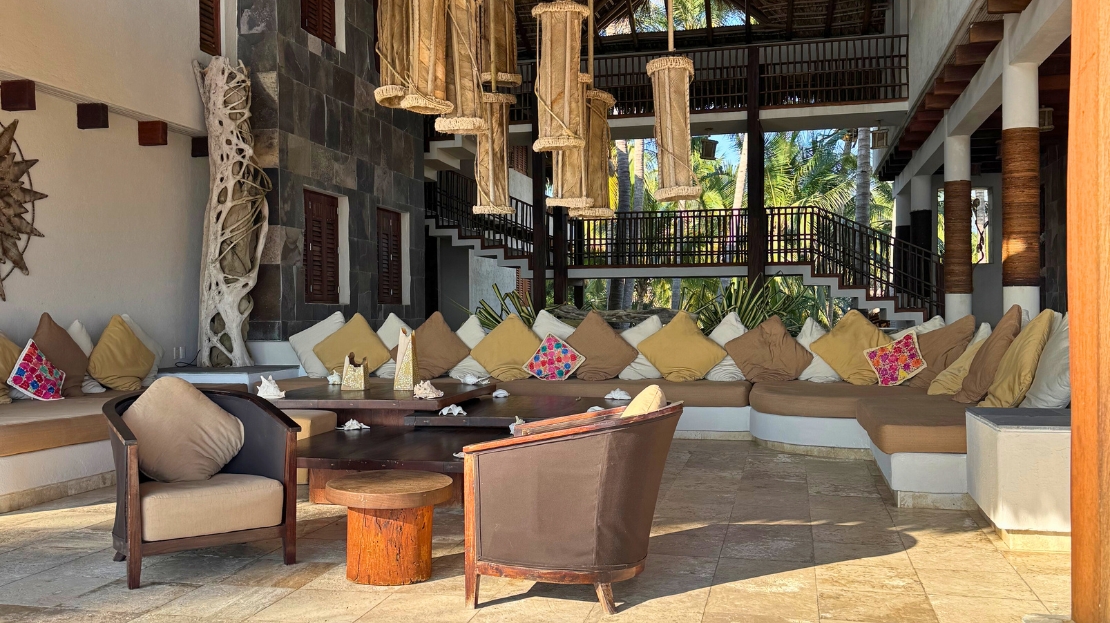 Open-air lounge with artisanal chandeliers